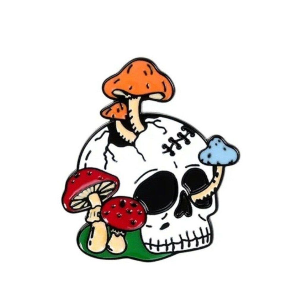 Skull with mushrooms enamel fashion pin